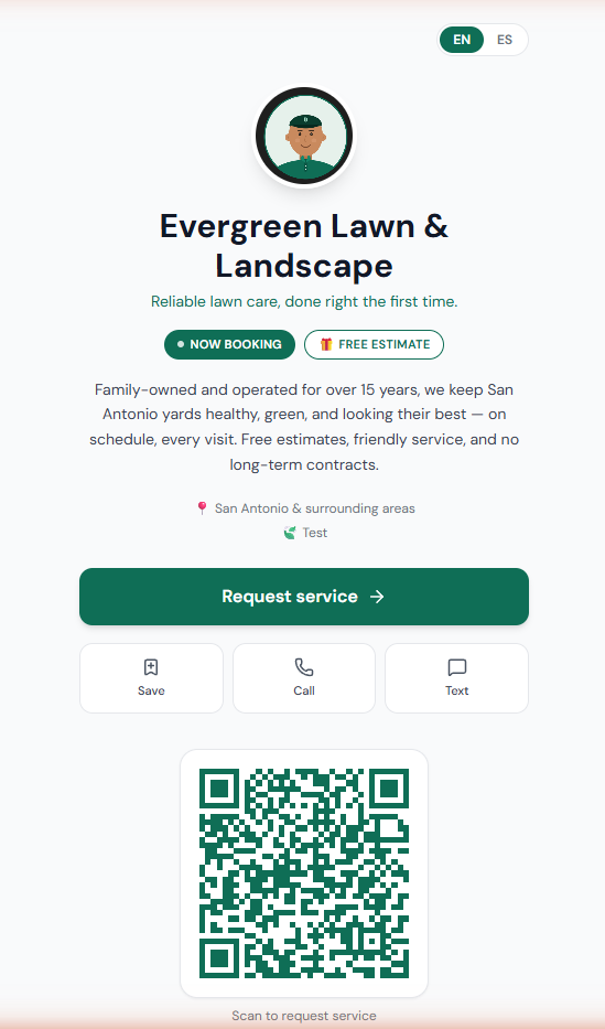 Example YardSync digital business card for a lawn care contractor